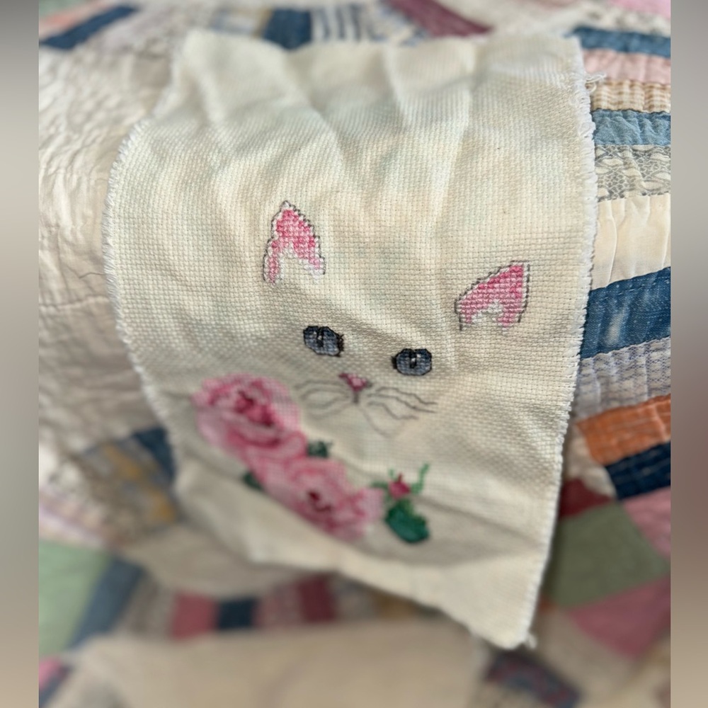 Cat Cross Stitch Artwork with Pink Roses